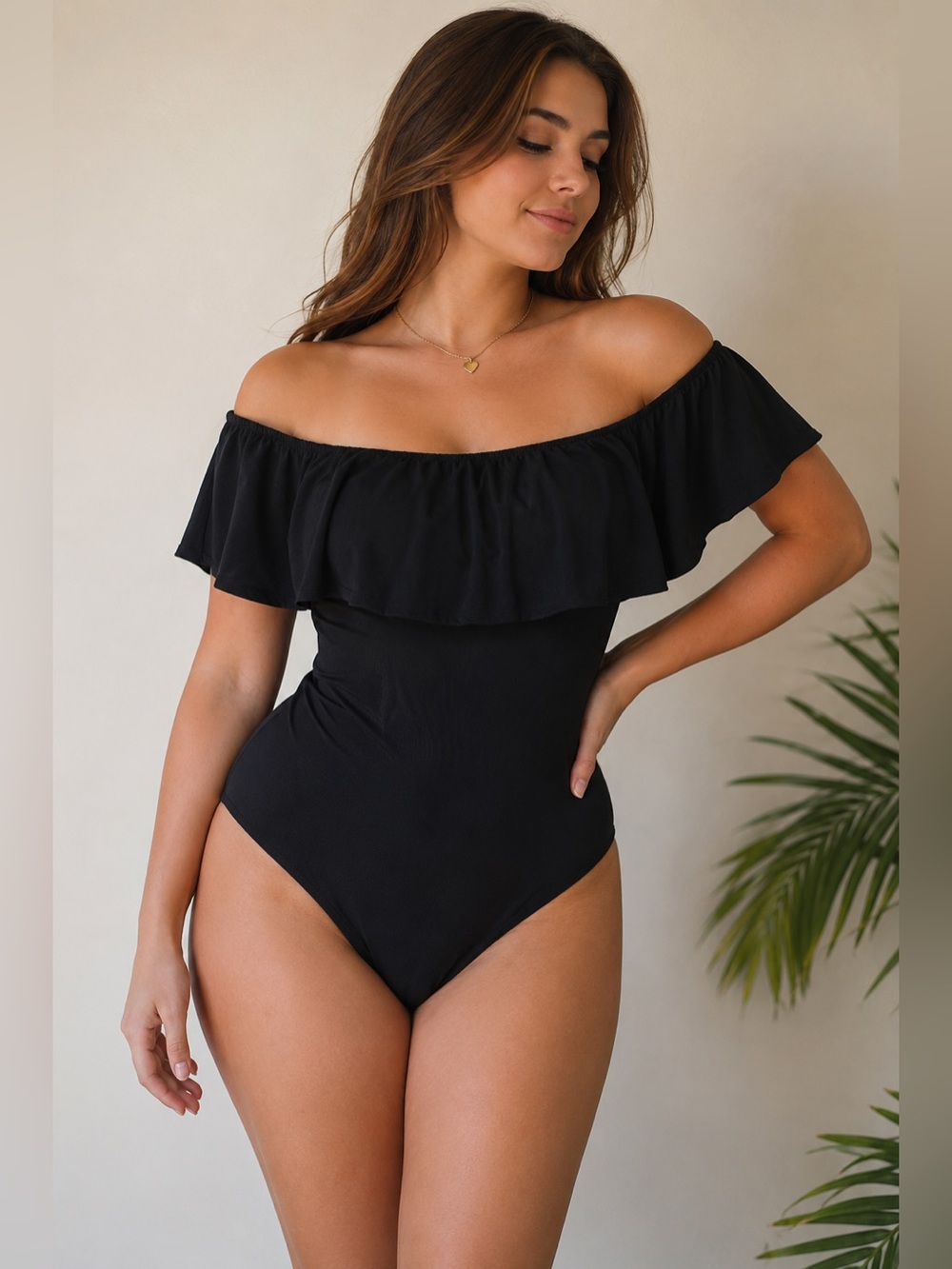 Off the shoulder one piece body suit all black